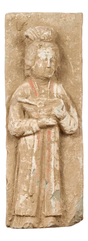 Chinese Han Dynasty Period Wall Plaque Depicting a Woman Carrying a Dish
