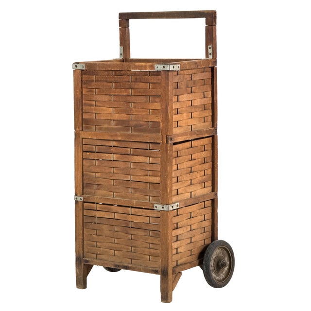 Farmhouse Antique 1910s Woven Splint Wood Rolling Cart Utility Basket / Wheeled Shopping Trolley For Sale - Image 3 of 18