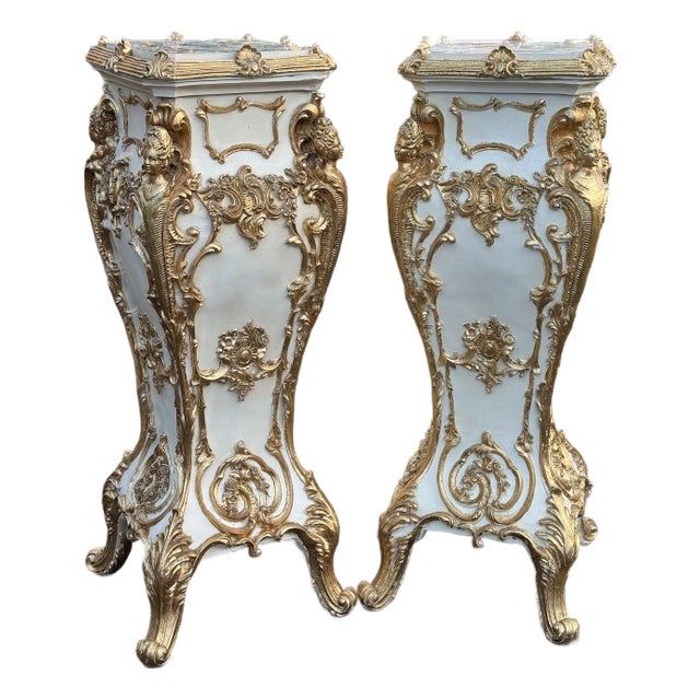 Late 20thC Italian Baroque Cream Gold Pedestals Pair For Sale