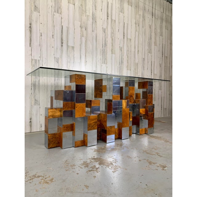 Paul Evans cityscape for Directional dining / console table with chrome-plated steel and burled wood base. Glass not...