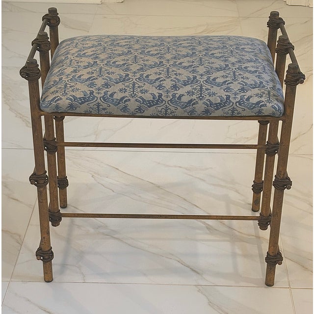 Vintage Gilt Rope Metal Vanity Stool in Fortuny Richelieu Fabric For Sale - Image 12 of 18