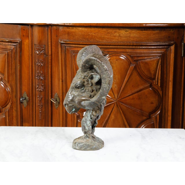 Verdigris Midcentury Italian Cast Bronze Sculpture of a Ram's Head on Base For Sale - Image 8 of 10