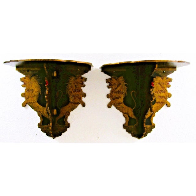 Pair of Antique Anglo Sinhalese Black Lacquer Rearing Lions Wall Brackets 1880 When opened they each measure 15 3/8" wide,...