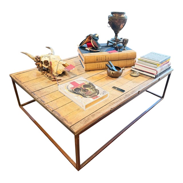 Restoration Hardware “Bookmaker” Coffee Table With Iron Base For Sale