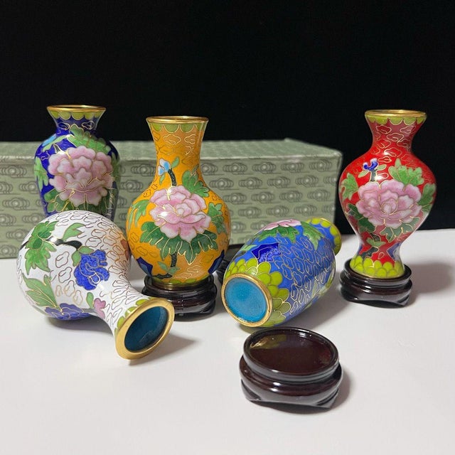 Dimensions: Height 7.5 cm (3") each Material: Cloisonné Enamel on Metal (Copper/Brass), Wood Stands Style: Chinese,...