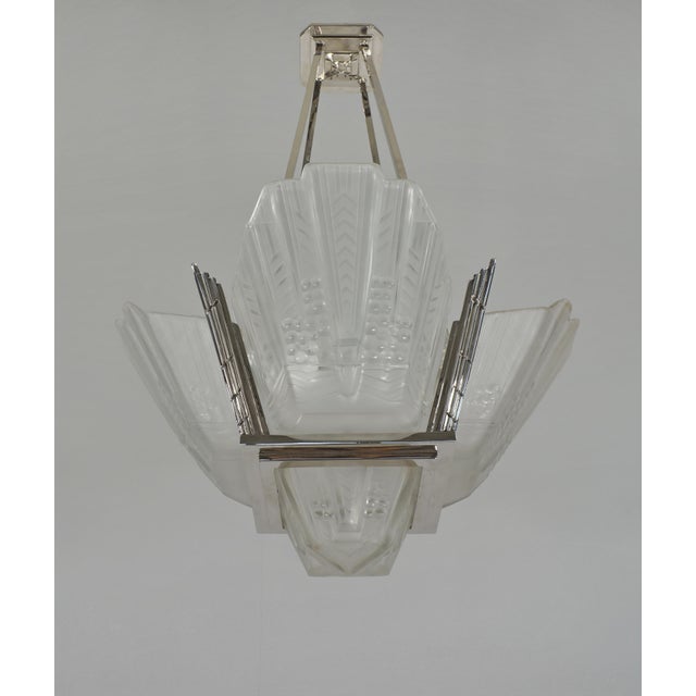 Jean Gauthier Ejg French Art Deco Nickeled Bronze & Frosted Glass Chandelier 1930s For Sale - Image 6 of 11