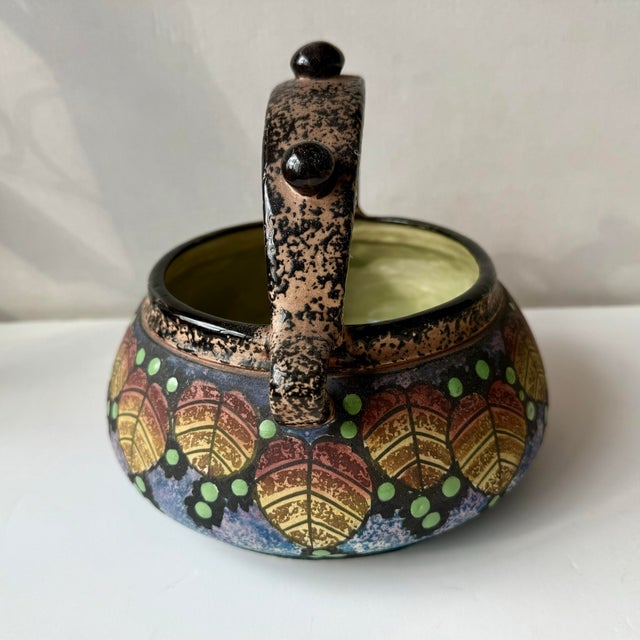 Art Deco Vintage BFS Czechoslovakia Art Deco Hand Painted Pottery Bowl With Handle Leaf and Berry Design For Sale - Image 3 of 12