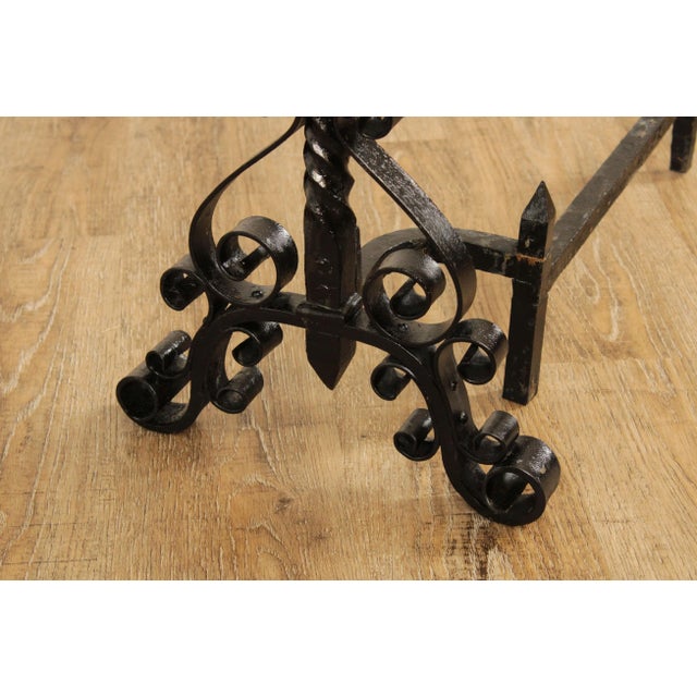Black Vintage Pair Wrought Iron Andirons For Sale - Image 8 of 13