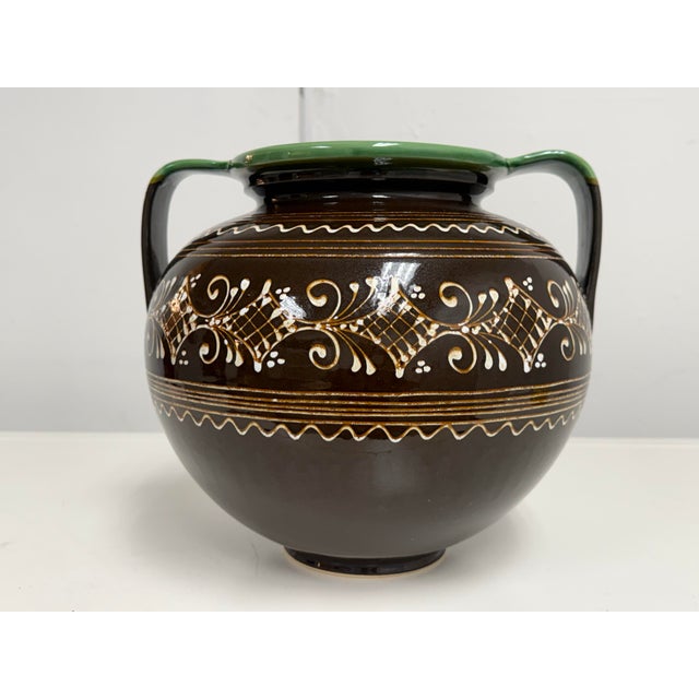 Hungarian Folk Art Double-Handled Pottery Vessel, Vintage For Sale - Image 4 of 12