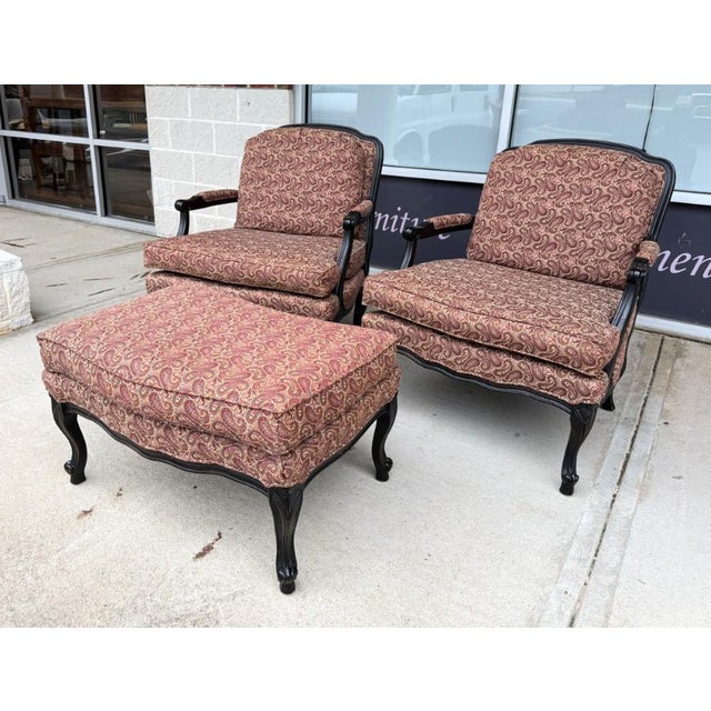 French Country Pair of Fairfield Paisley Fauteuil Chairs With Ottoman For Sale - Image 3 of 18