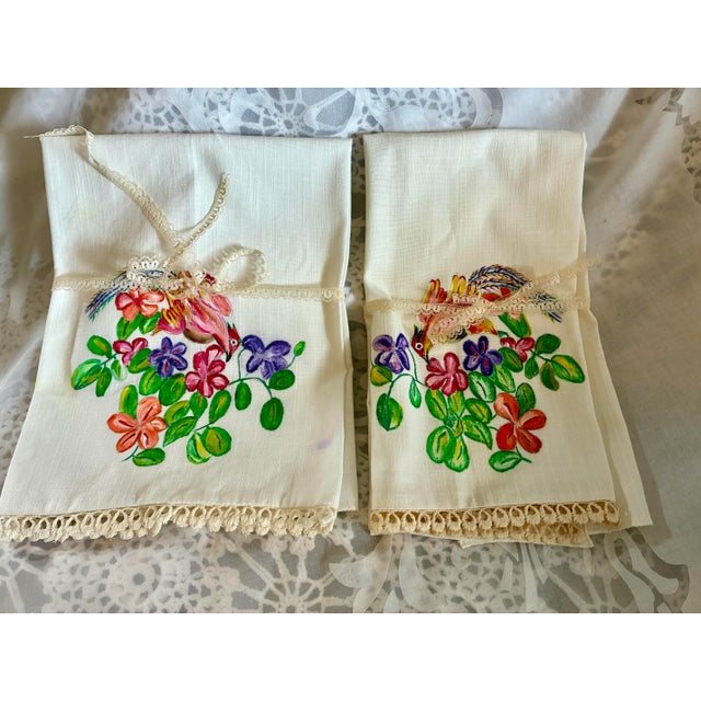 Arts & Crafts Vintage Hand Painted Hand Towel / Tea Towels or Kitchen Towel Lace Trim Ivory With Floral Bird Painting For Sale - Image 3 of 9