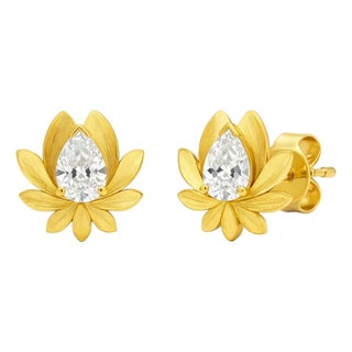 Pear-Cut Moissanite Lutus Flower Earrings Studs, Silver, Gold, Pair For Sale