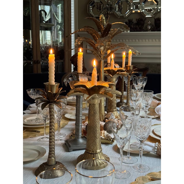 Made in India British Colonial Solid Brass Palm Tree Candle Holders - A Pair For Sale - Image 4 of 12