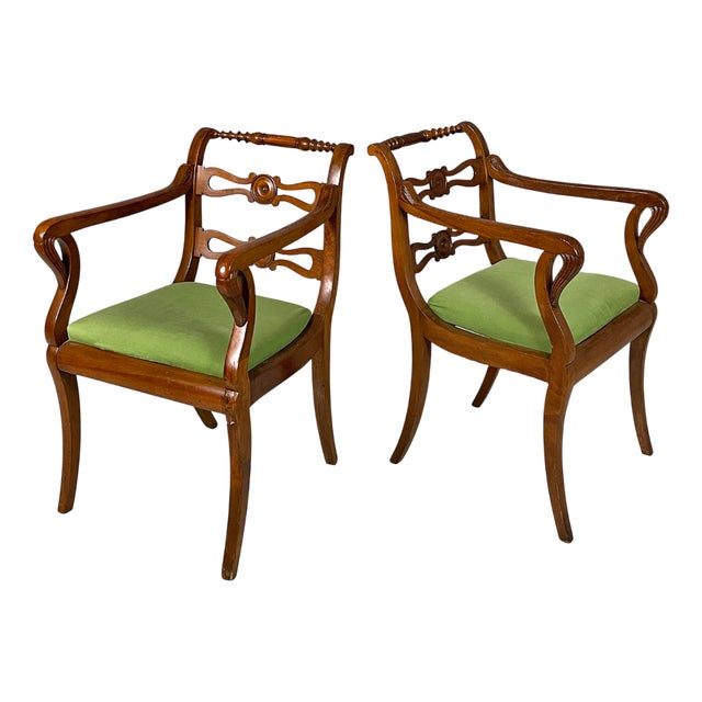 19th Century Italian Armchairs in Green Fabric and Wood, 1930s, Set of 2 For Sale