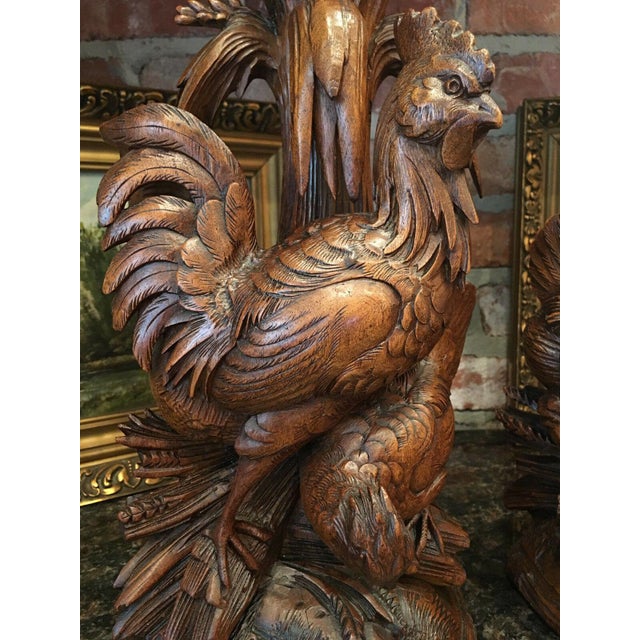 Brown Pair 19th Century Antique Black Forest Bird Chicken Epergne Vases Carved Wood Candlestick For Sale - Image 8 of 13