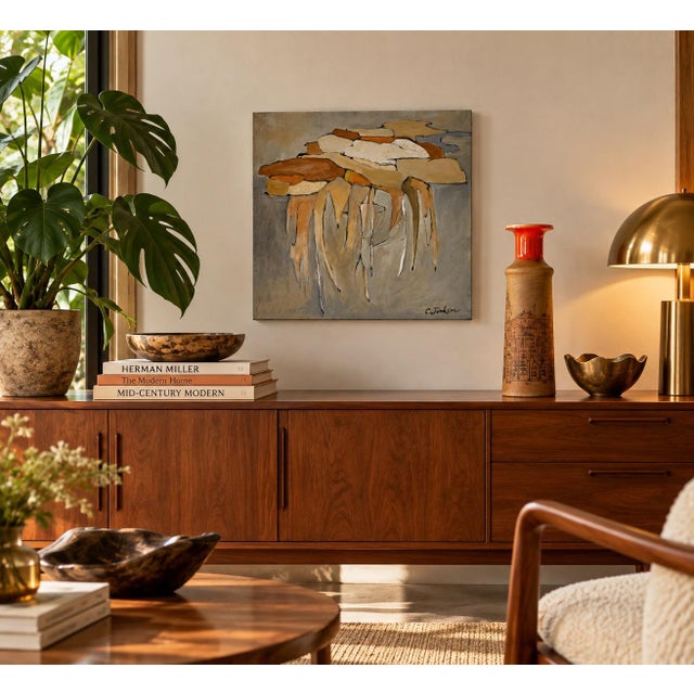 Striking 1970s expressionist abstract oil painting on canvas by C. Jackson, signed in the lower right corner. The square...