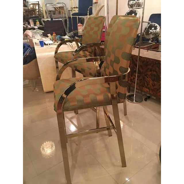 1970s Vintage Hollywood Regency DIA Upholstered Brass Gold Arm Bar Stools - Set of 3 For Sale - Image 5 of 12