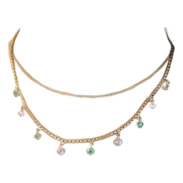 Emerald & Pink Spinel Fringe Necklace, 14k Gold For Sale