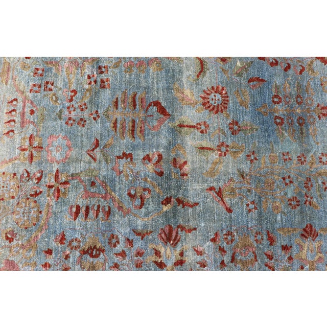 Blue Background Antique Persian Mohajerah Rug With Salmon, Blue, Green, and Red For Sale - Image 13 of 15