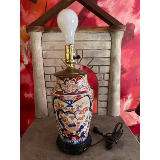 Ceramic Japanese Imari Style Porcelain Ceramic Table Lamp With Wooden Base For Sale - Image 7 of 9