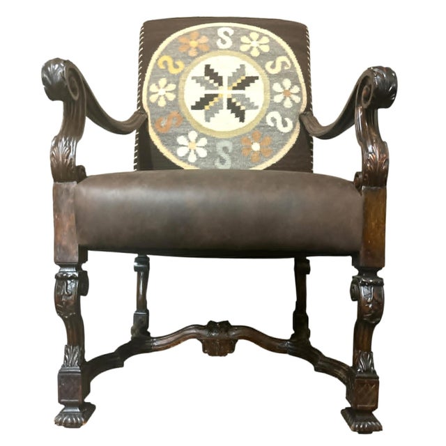 Late 19th Century Antique Hacienda Chair Upholstered With Vintage Zapotec Tapestry From Oaxaca and New Leather For Sale - Image 5 of 9