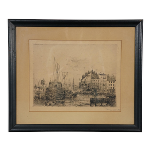 Antique Frederick Leo Hunter Signed Coenties Slip Ny Sailboat Harbor Etching 19"