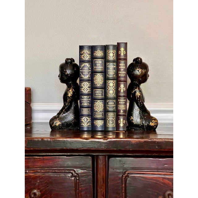Black Pair of Japanese Zen Figural Patinated Iron Bookends in Black and Gold, 1950 For Sale - Image 8 of 10