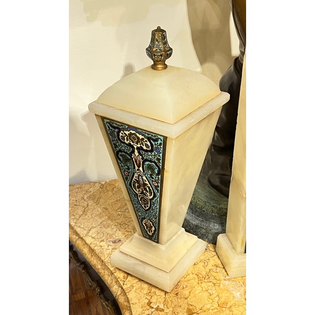 Late 19th Century French Art Deco Champleve Enameled Bronze and Onyx Mantel Clock and Obelisks Set - 3 Pieces For Sale In New York - Image 6 of 8