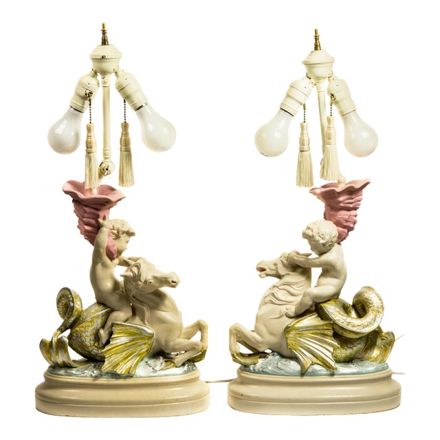 Child Riding Mythological Hippocampus Sea Horse Composite Figural Lamps - A Pair For Sale