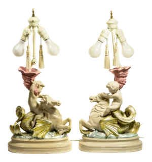 Child Riding Mythological Hippocampus Sea Horse Composite Figural Lamps - A Pair