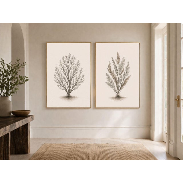 A curated coastal botanical pair featuring a delicate coral study and a structured, branching seaweed composition. Both...
