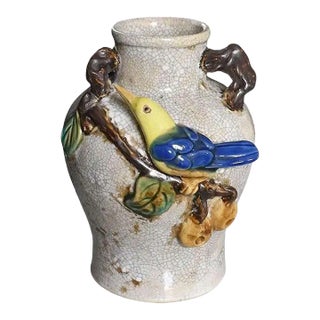 Polychrome Barbotine Craquelure Ceramic Bird and Flora Motif Vase - France 20th Century For Sale