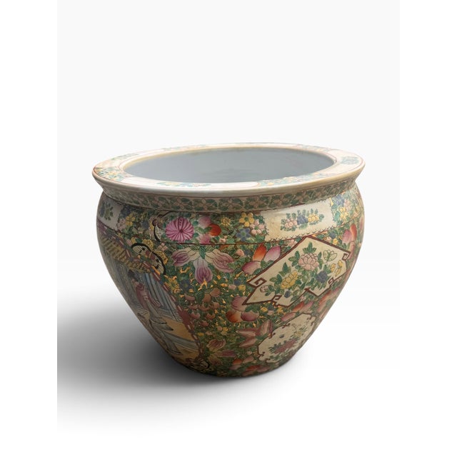 Late 20th Century Vintage Chinese Famille Rose Porcelain Fishbowl Planter With Hand-Painted Goldfish Interior For Sale - Image 5 of 12
