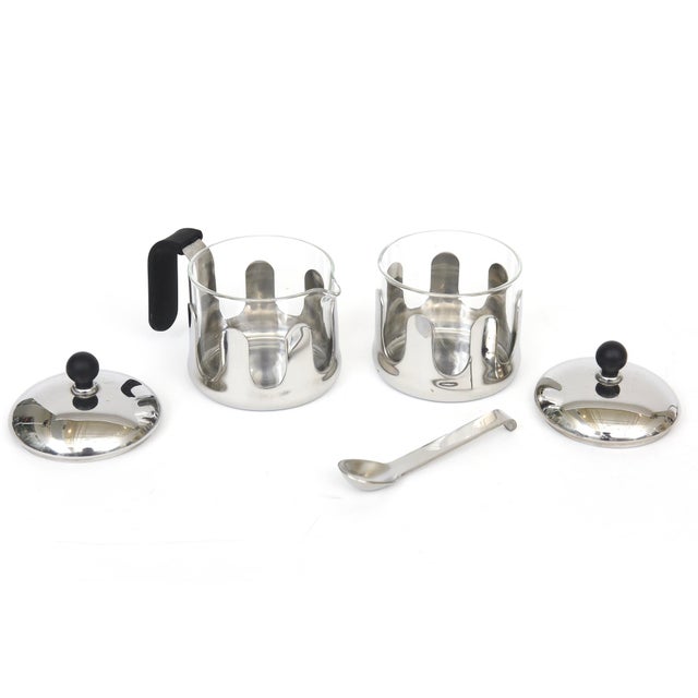 Chrome MIchael Graves Chrome, Black Resin and Glass Creamer and Sugar Caddy Set With Matching Tray 90's For Sale - Image 8 of 11