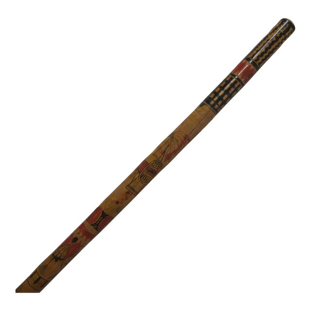Antique Tijuana Mexico 1932 Aztec Native Painted Wood Walking Stick Cane For Sale