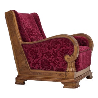 Danish Relax Armchair in Red Furniture Velour and Oak Wood, 1950s For Sale