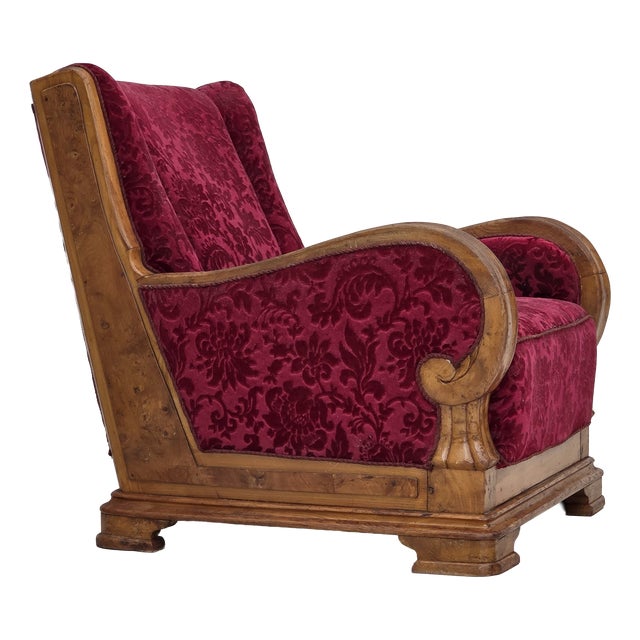 Danish Relax Armchair in Red Furniture Velour and Oak Wood, 1950s For Sale