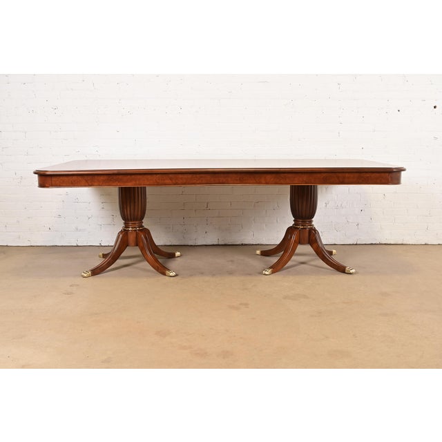 English Baker Furniture Style Italian Regency Inlaid Banded Burl Wood Double Pedestal Dining Table, Newly Restored For Sale - Image 3 of 10