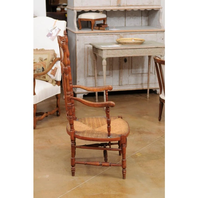 Brown Late 19th Century French Cherry Wood Armchair with Rush Seat and Sheaf Back For Sale - Image 8 of 13