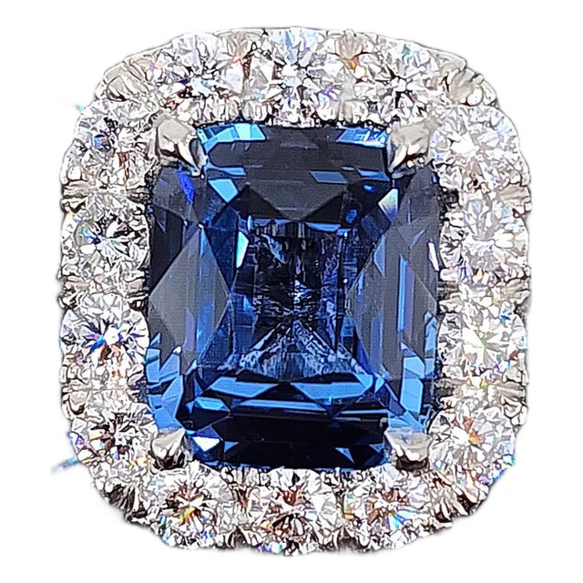 3.74 Ct Cushion-Cut Natural Ceylon No Heat Sapphire & Diamond Ring Size 6.5 For Sale