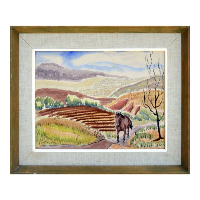 Horse in the Fields - 1930's Watercolor Figurative Landscape by John Stellman For Sale