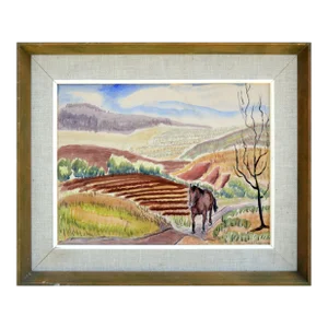 Horse in the Fields - 1930's Watercolor Figurative Landscape by John Stellman