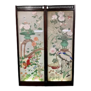 Antique Chinese Watercolor Painting on Glass Panels with Lights