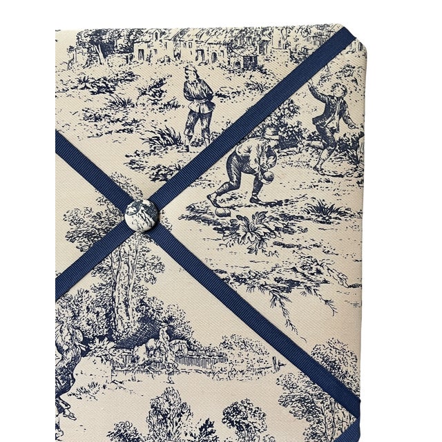Custom Upholstered Blue and White Toile French Memory Board Bulletin Board With Navy Grosgrain Ribbon For Sale In Jacksonville, FL - Image 6 of 10