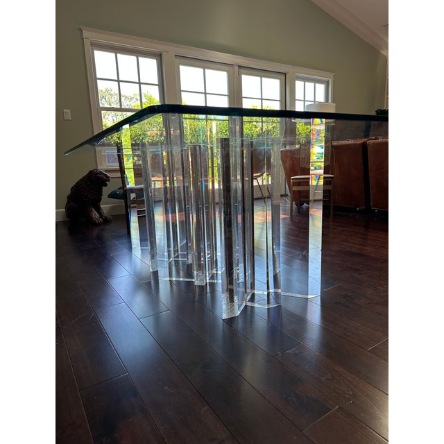 Jeffrey Bigelow 1980s Lucite Pedestals Base Glass Top Dining Conference Table For Sale - Image 4 of 8