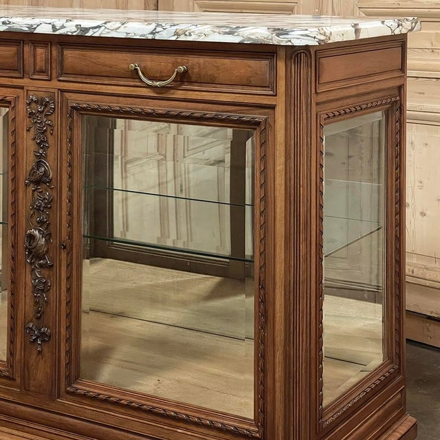 19th Century French Louis XVI Walnut Buffet With Marble Top & Hand Beveled Glass For Sale - Image 13 of 18