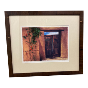 1980s Rustic Wall Decor Print Framed Art by Barbara Carter Tesuque Doors