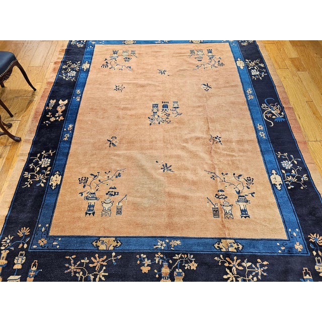 Antique Chinese Peking Rug, Hand-Knotted Wool, Pale Peach, Navy, 9' x 12' For Sale - Image 10 of 18