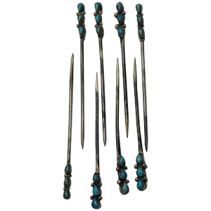 Sterling Silver and Turquoise Cocktail Picks Set of Eight