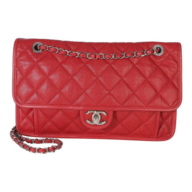 Red Quilted Caviar Medium French Riviera Flap Bag For Sale